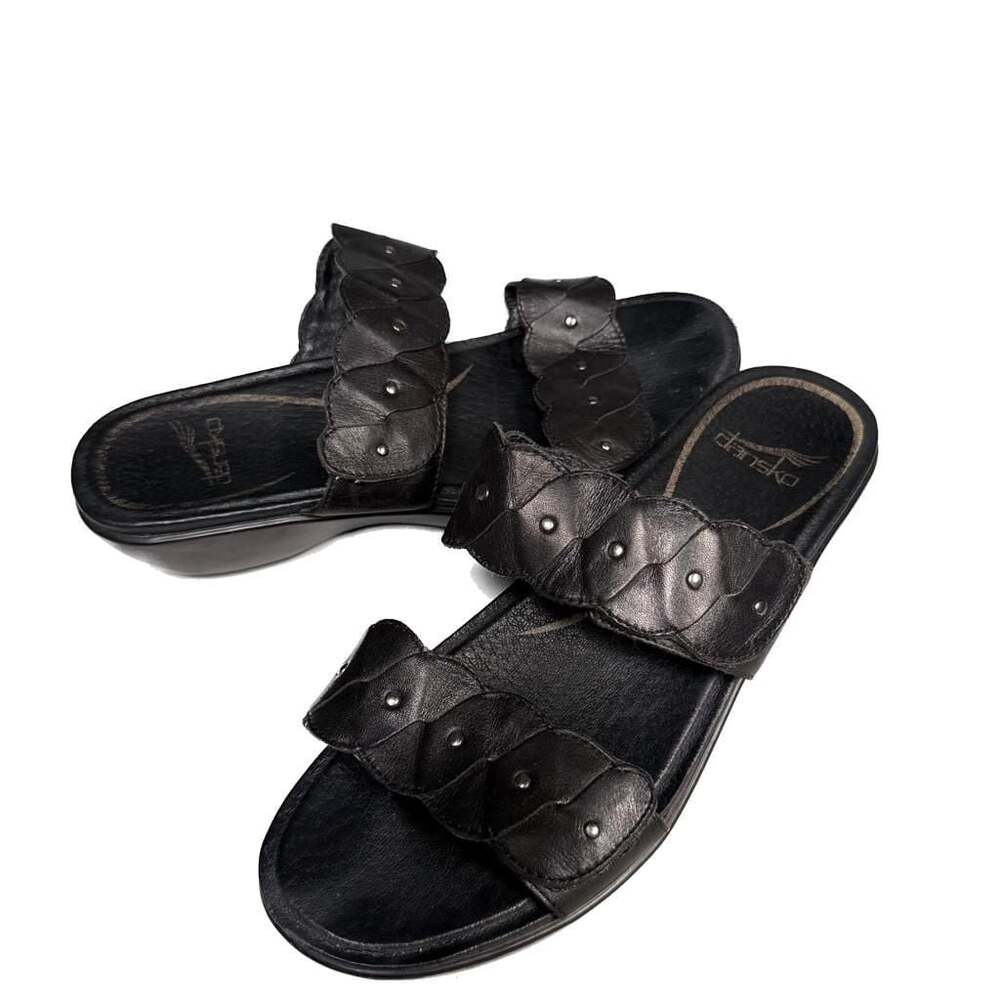 Dansko Dee Leather Wedge Sandals 2” Heel Women's 7.5 38 Black Comfort Support